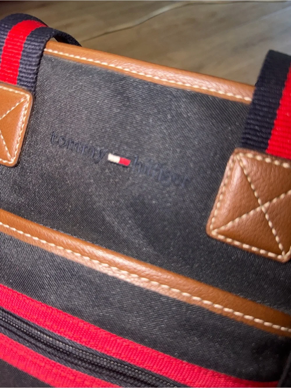Tommy Hilfiger Black Canvas Backpack Tote with Brown Trim and Red Stripe